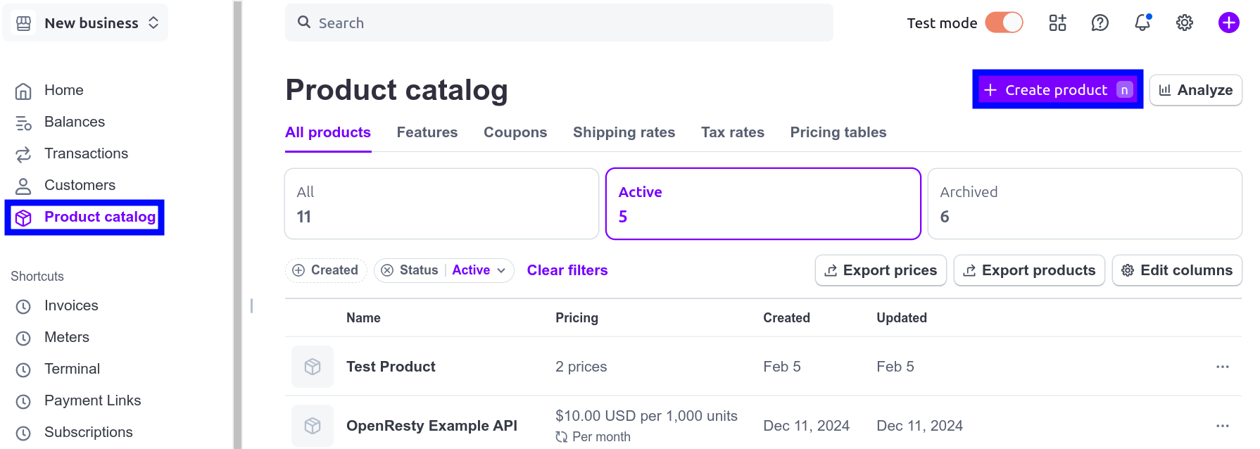Going to 'Product Catalog' and then 'Create product' in Stripe Dashboard