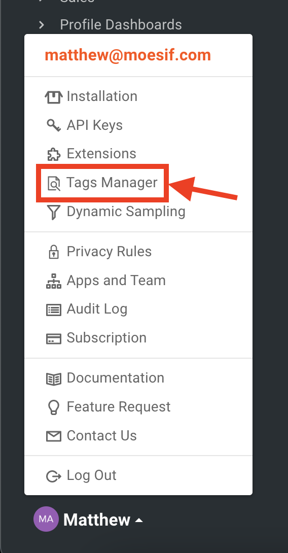 Tag Manager item in Settings menu