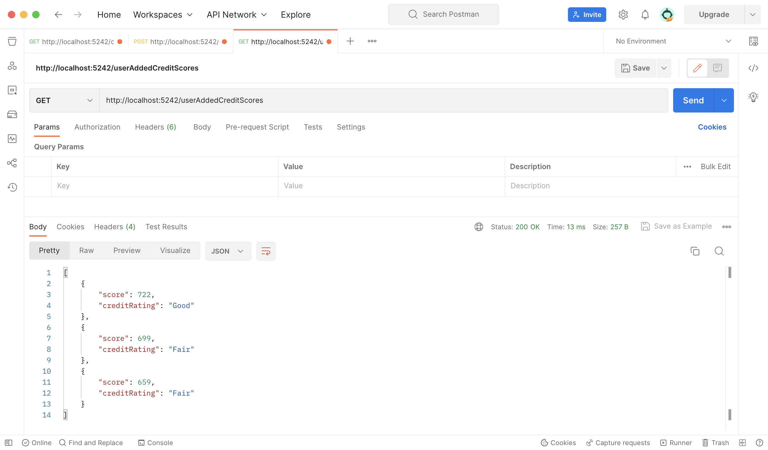 Postman Request Showing the Testing of the User Added Credit Scores Endpoint