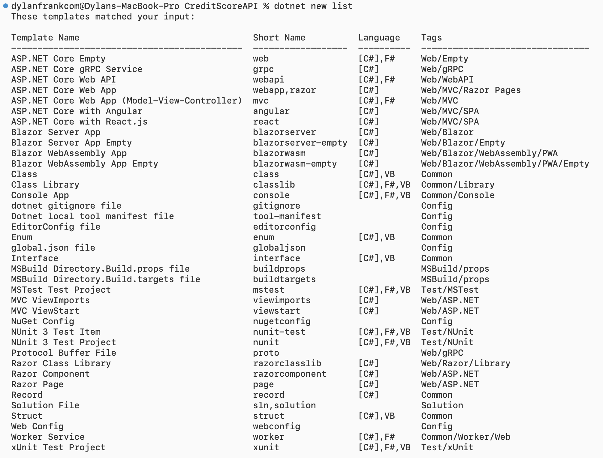 Template Options when using dotnet new list