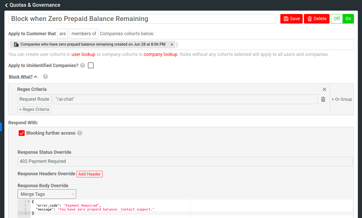 Block when Zero Prepaid Balance Remaining governance rule