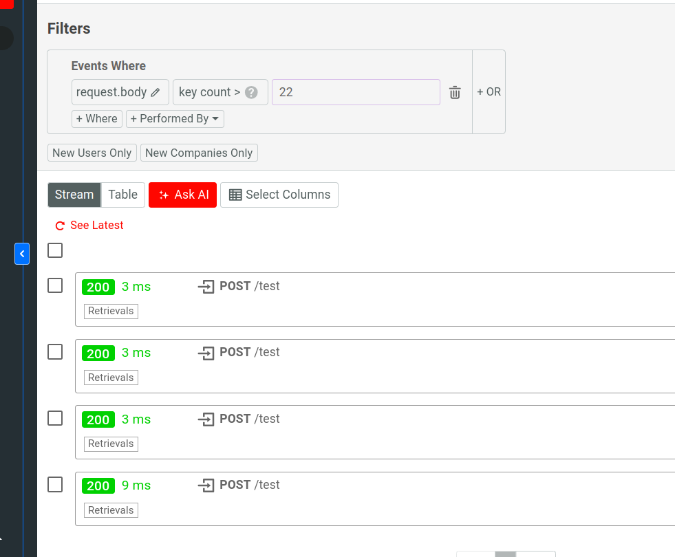 Using the 'key count' filter operator on a HTTP request body field in Moesif