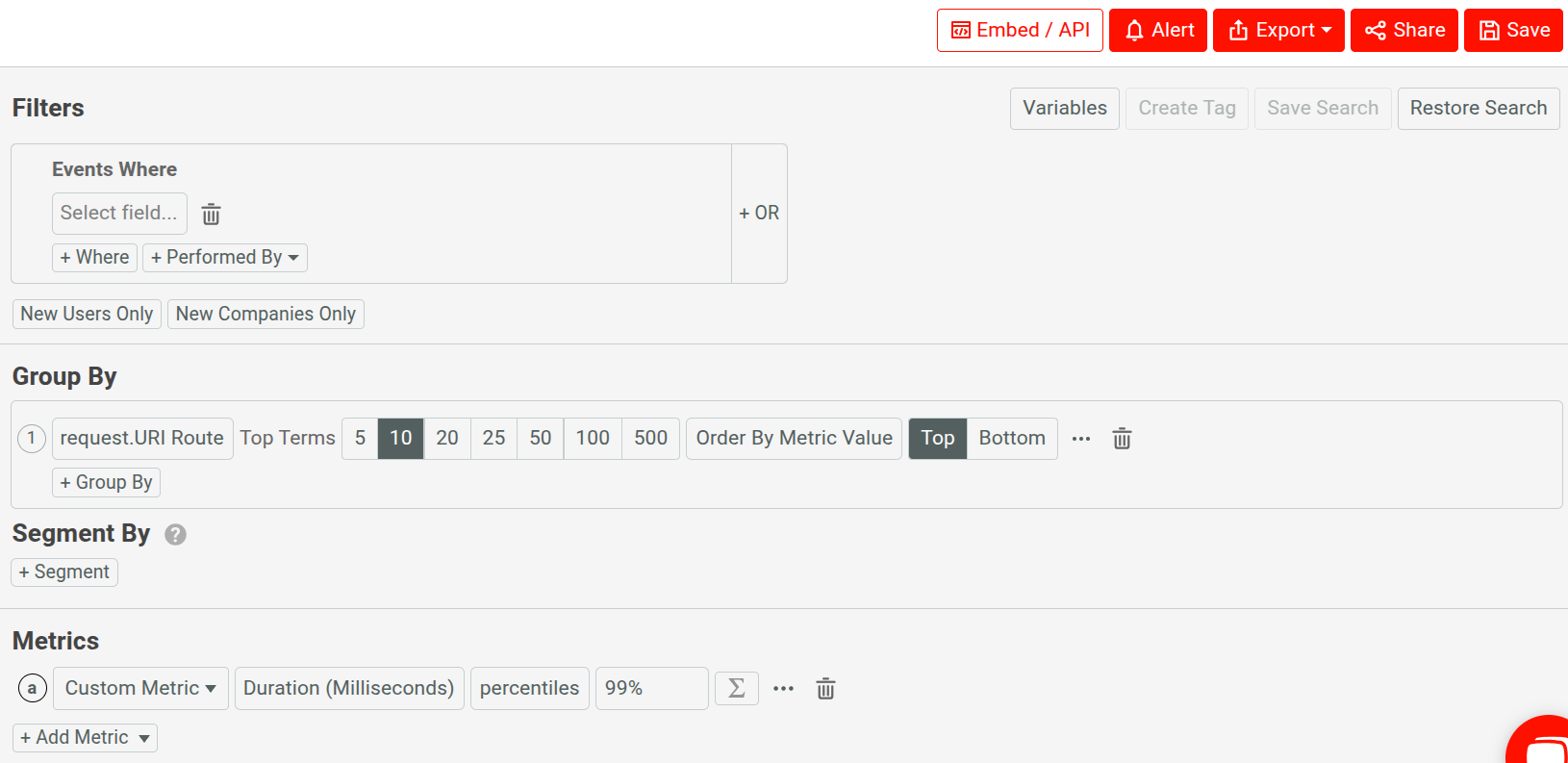 Analysis settings for P99 latency analysis.