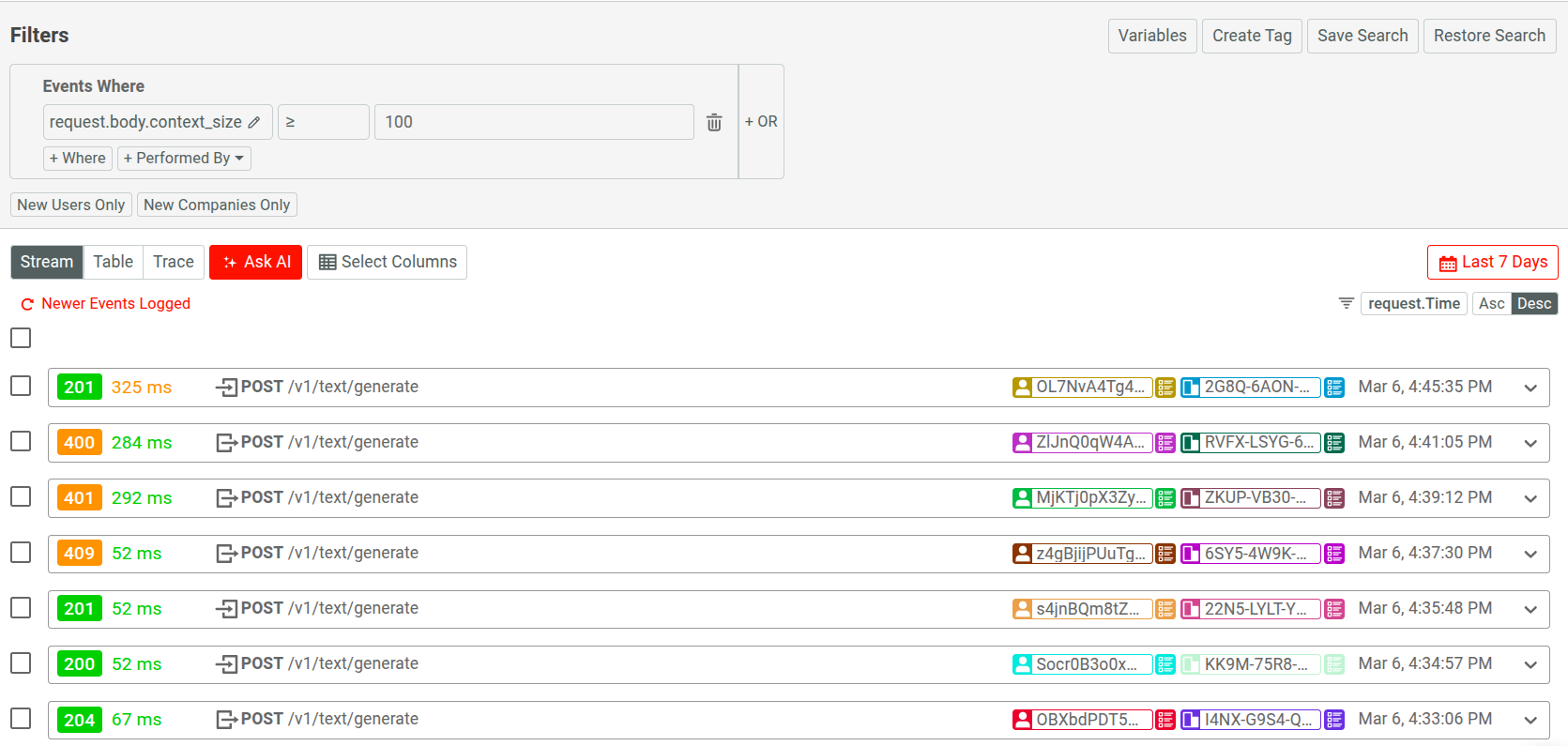 Filtering API events by context size in an AI API.
