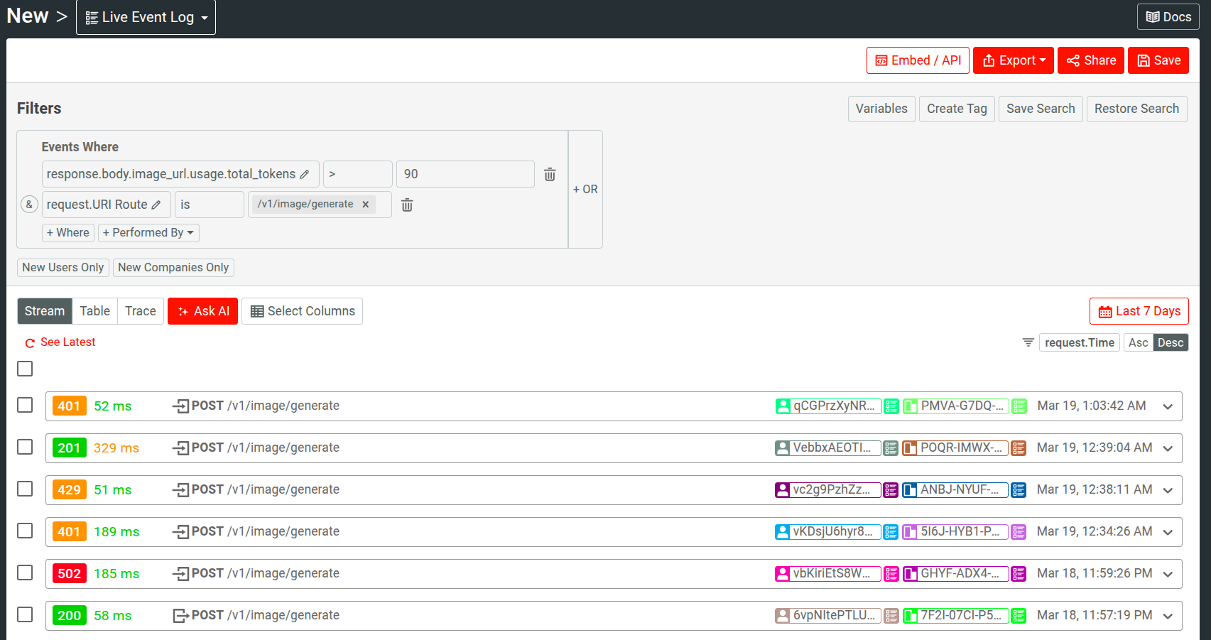 Filtering API events by context size in an AI API.