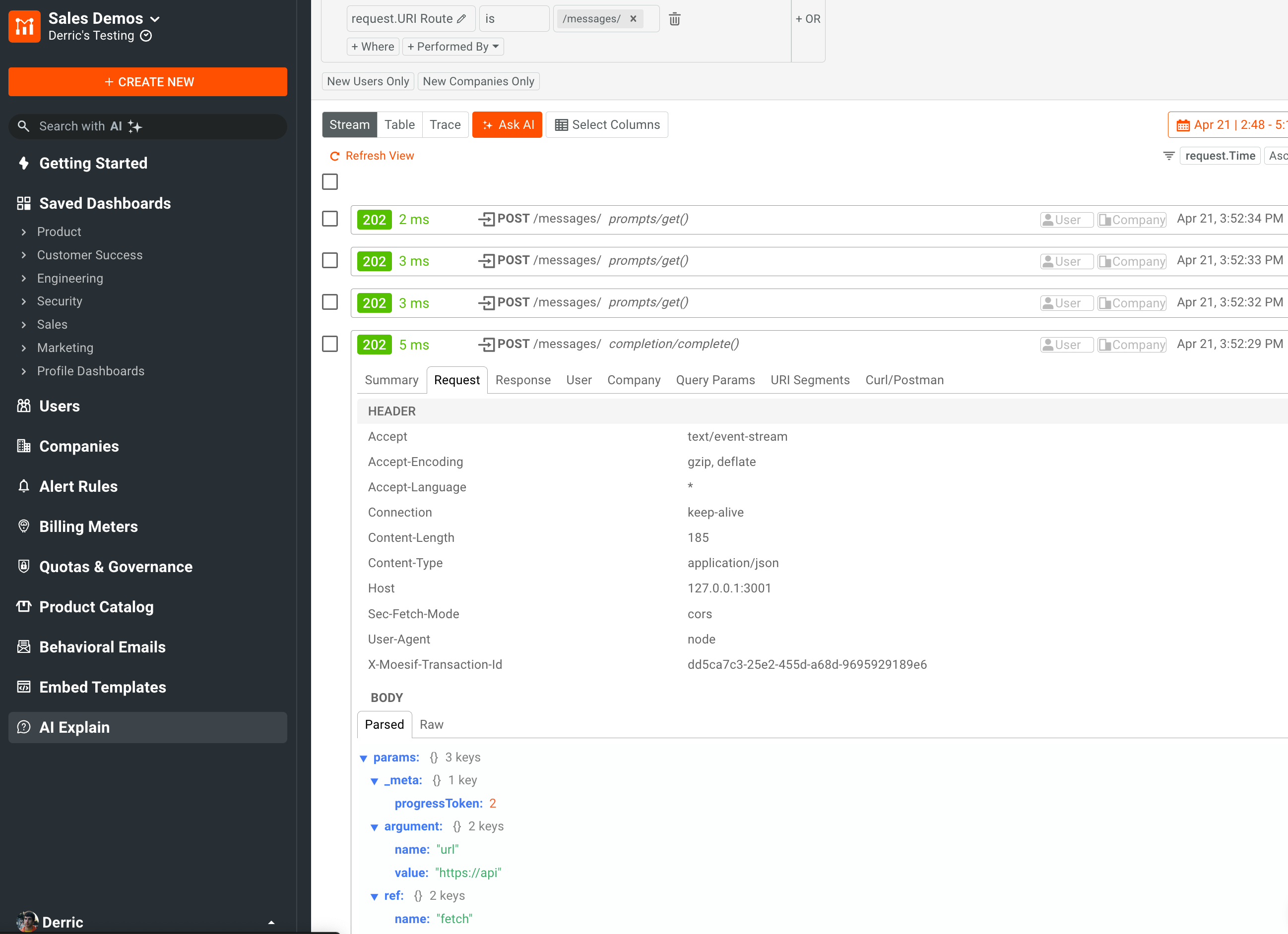 Moesif event log showing MCP traffic and their payloads. MCP Traffic in Moesif