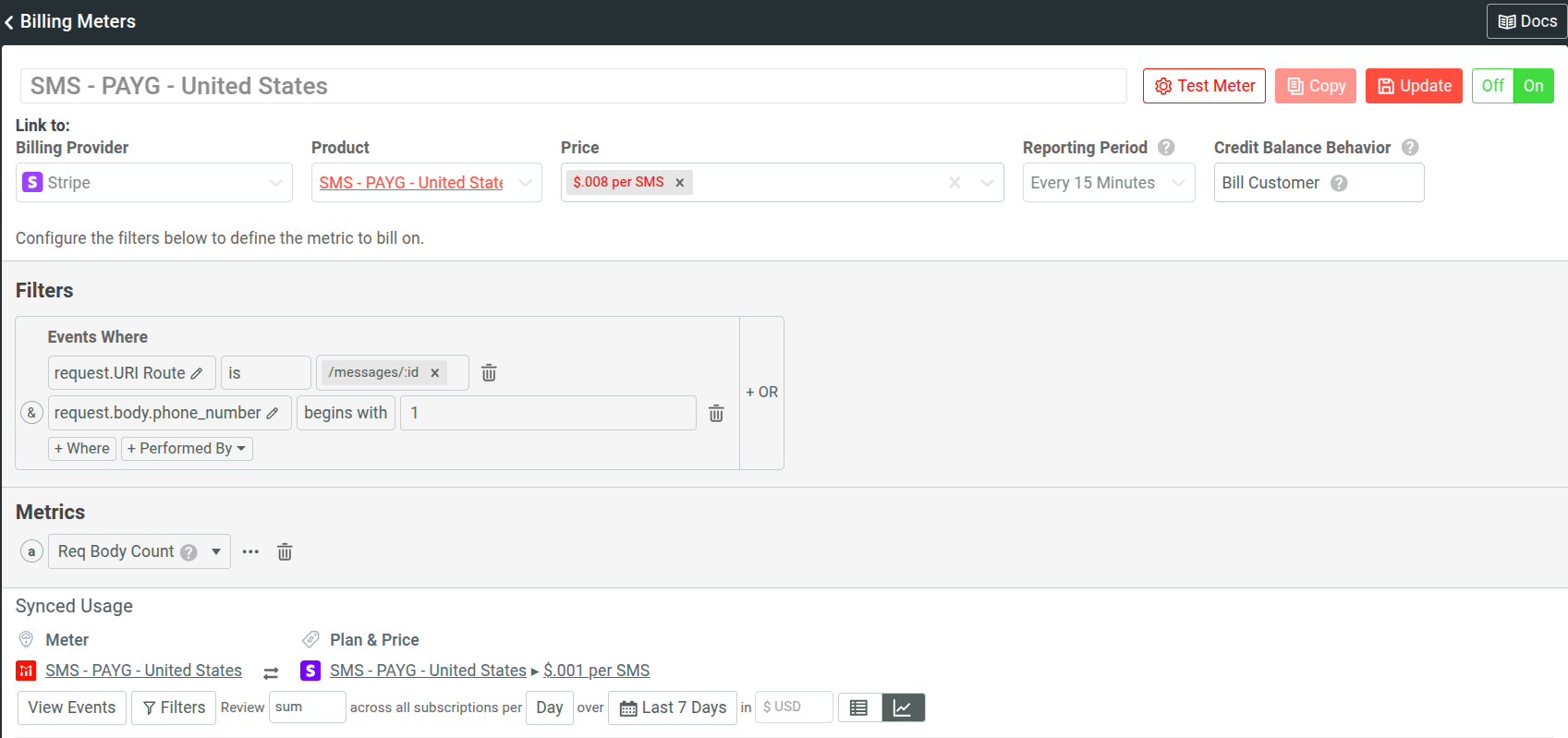 Billing meter for a telecommunications API in Moesif