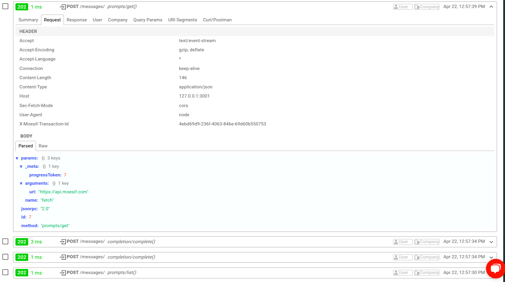 Moesif event log showing MCP traffic and their payloads. MCP Traffic in Moesif