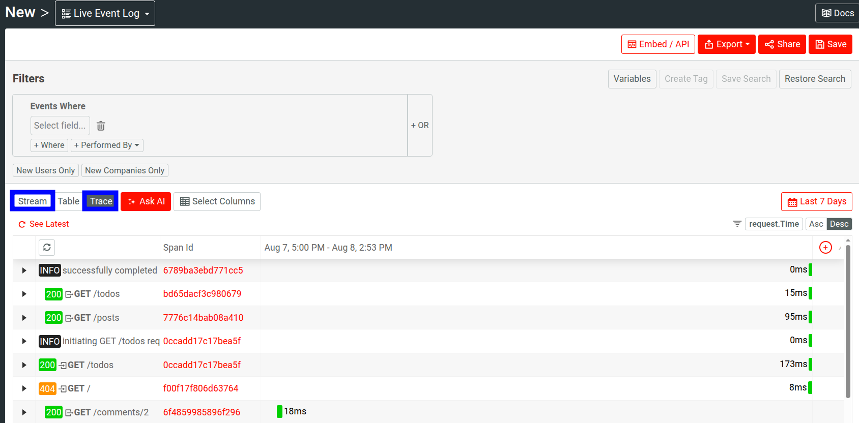Different views in Live Event Log.