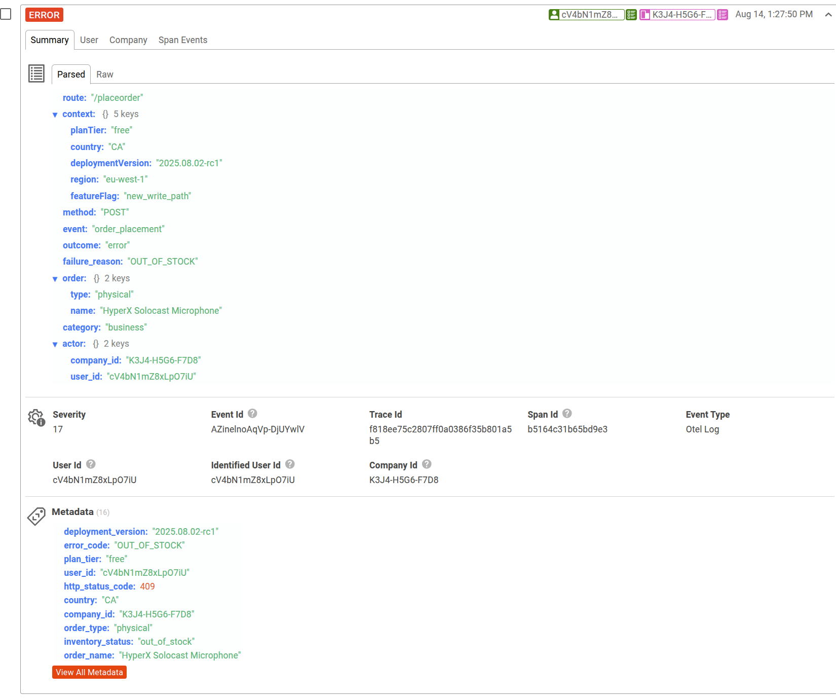 Viewing OpenTelemetry log containing structured JSON in Moesif.