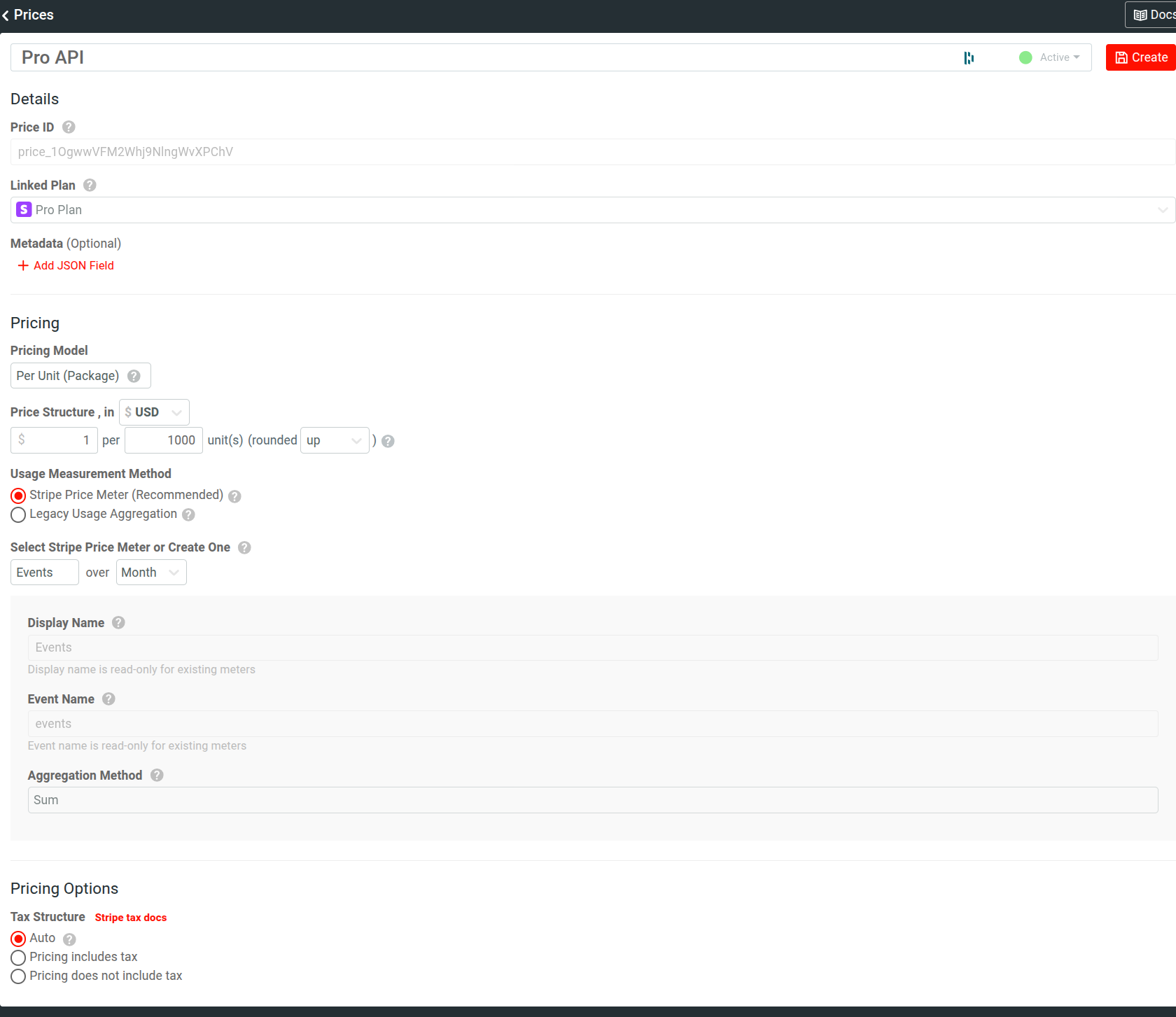 A price configuration in Moesif for an API product.
