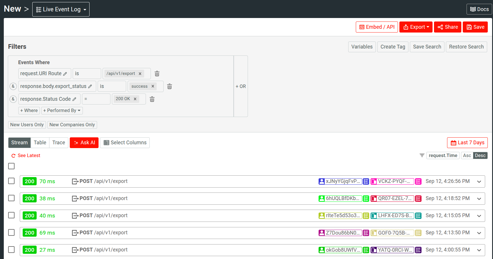 A Live Event Log in Moesif showing real-time API events.