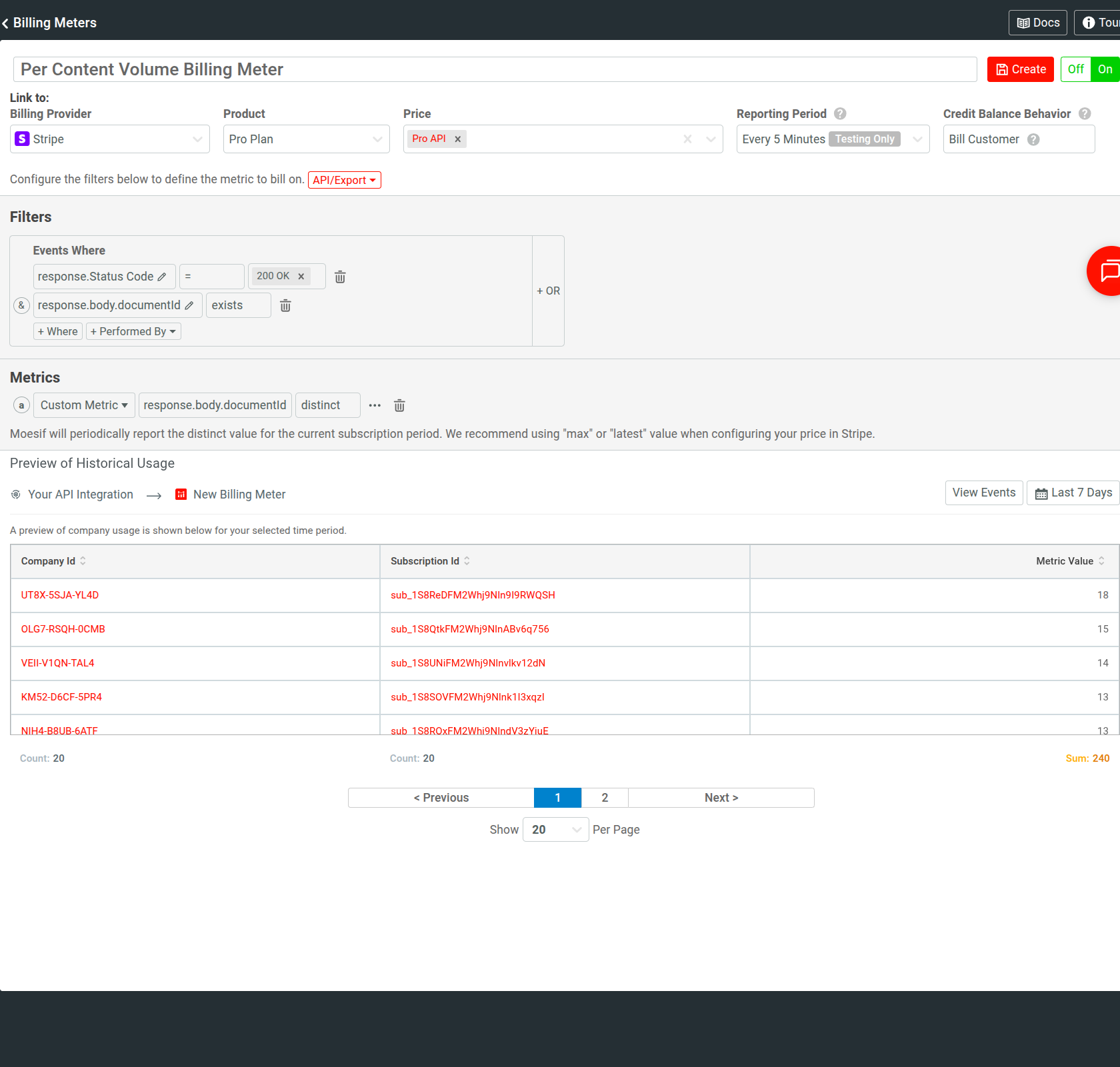 A billing meter in Moesif that defines a custom billable metric from response data.