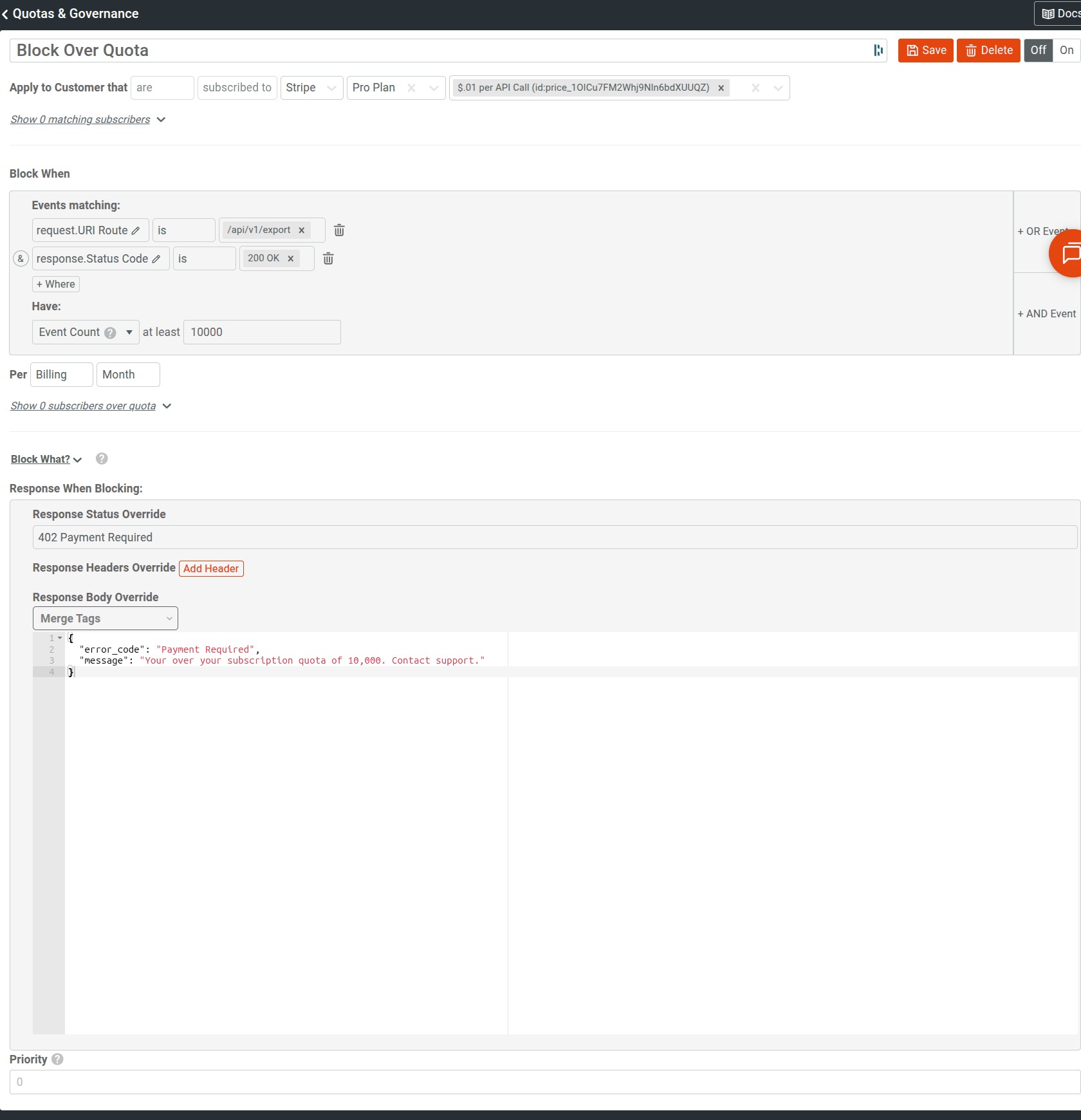 A quota rule in Moesif that blocks customers who exceed their quota.