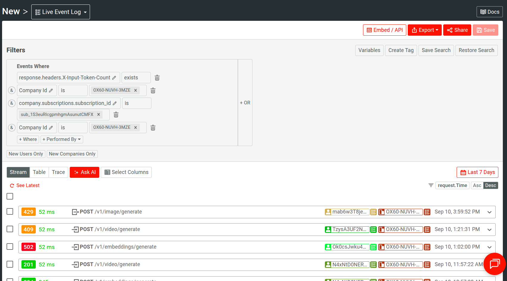 A Live Event Log in Moesif showing events associated with a customer's reported usage under a subscription.