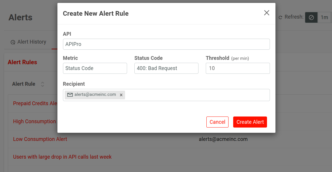 'Create New Alert Rule' dialog to create new alert rule in Moesif Basic Insights.