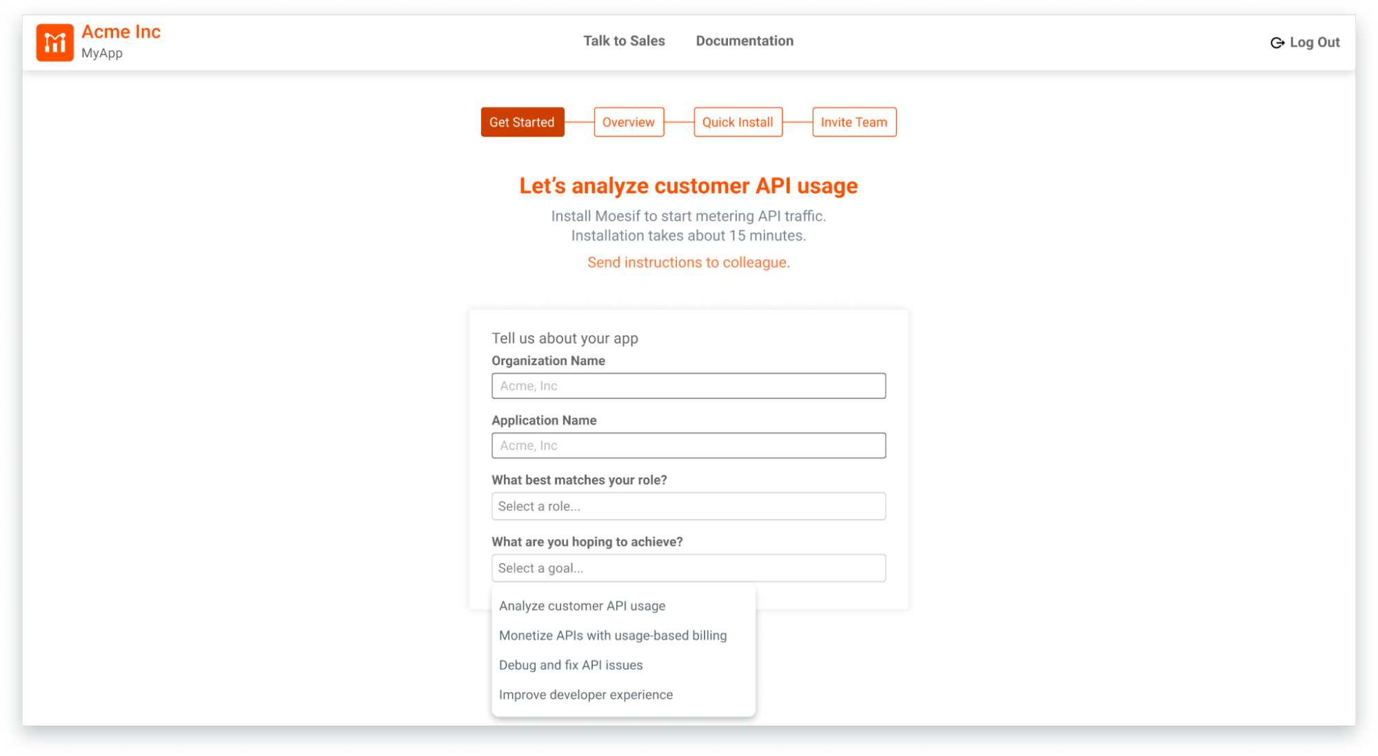 Onboarding screen in Moesif Basic Insights during first-time sign-up.
