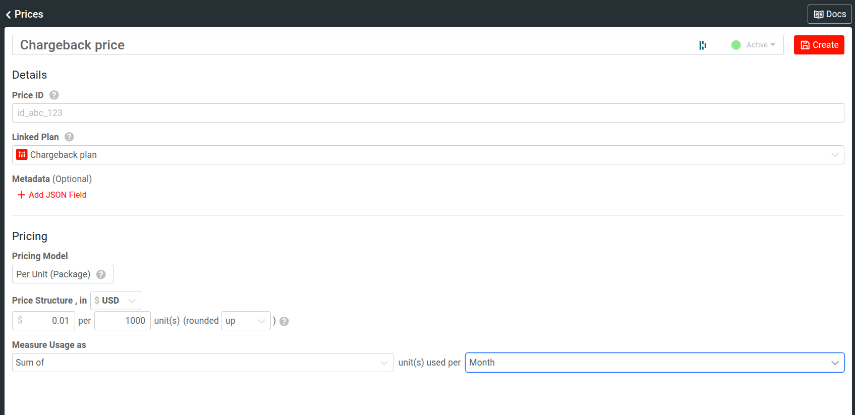 An example chargeback price in Moesif.