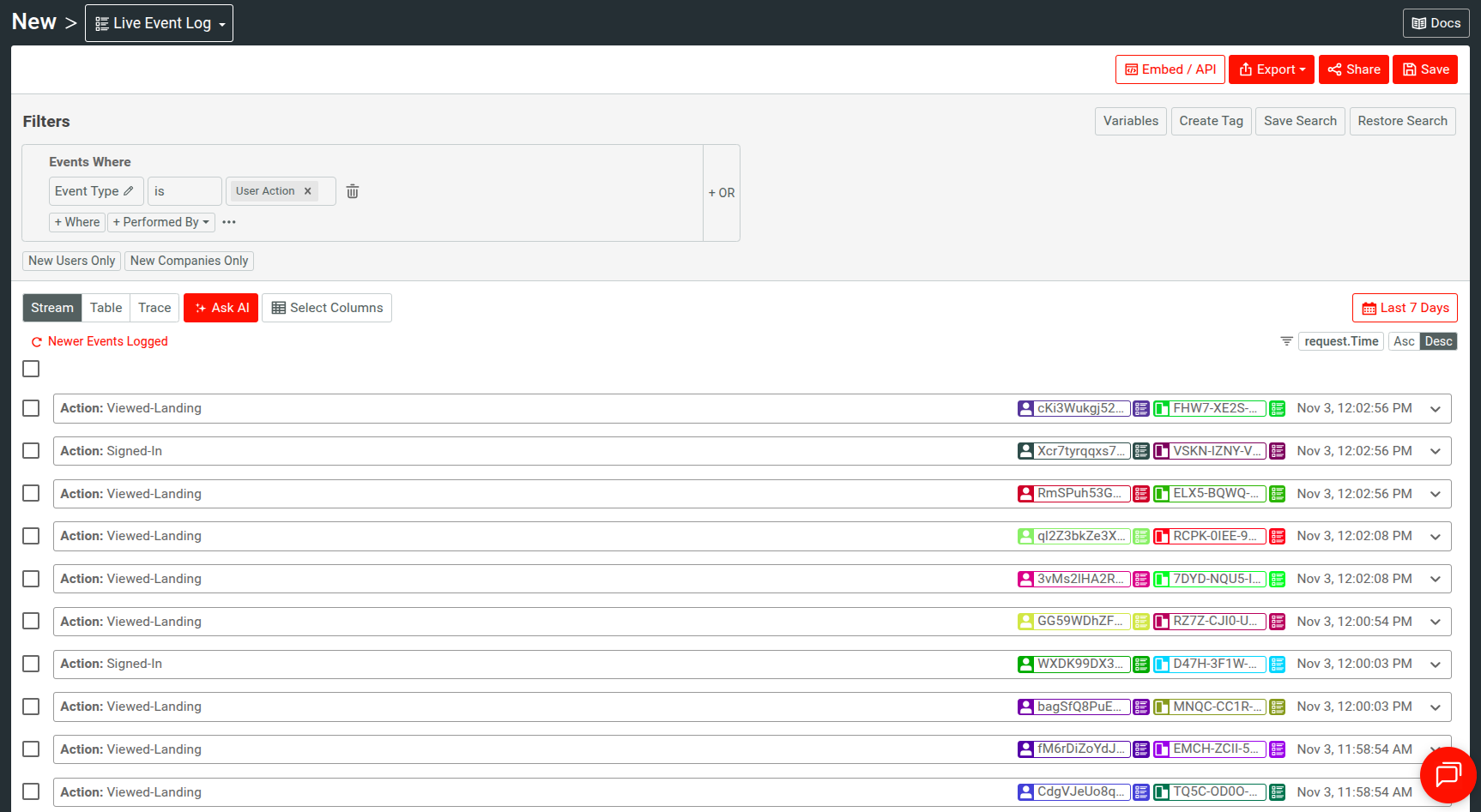 Live Event Log in Moesif showing custom actions in the API in real time.