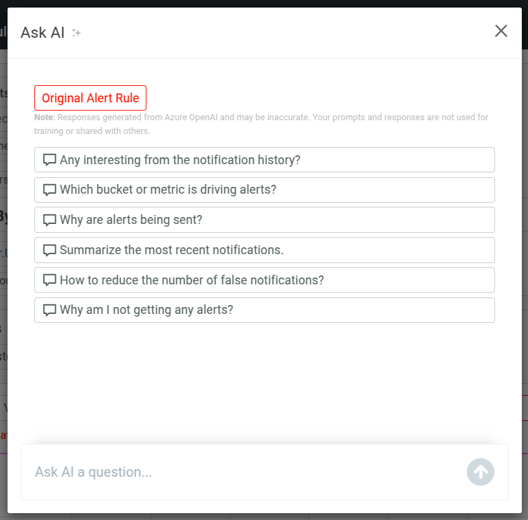 Ask AI dialog after selecting 'Ask AI' in an Alert Rule