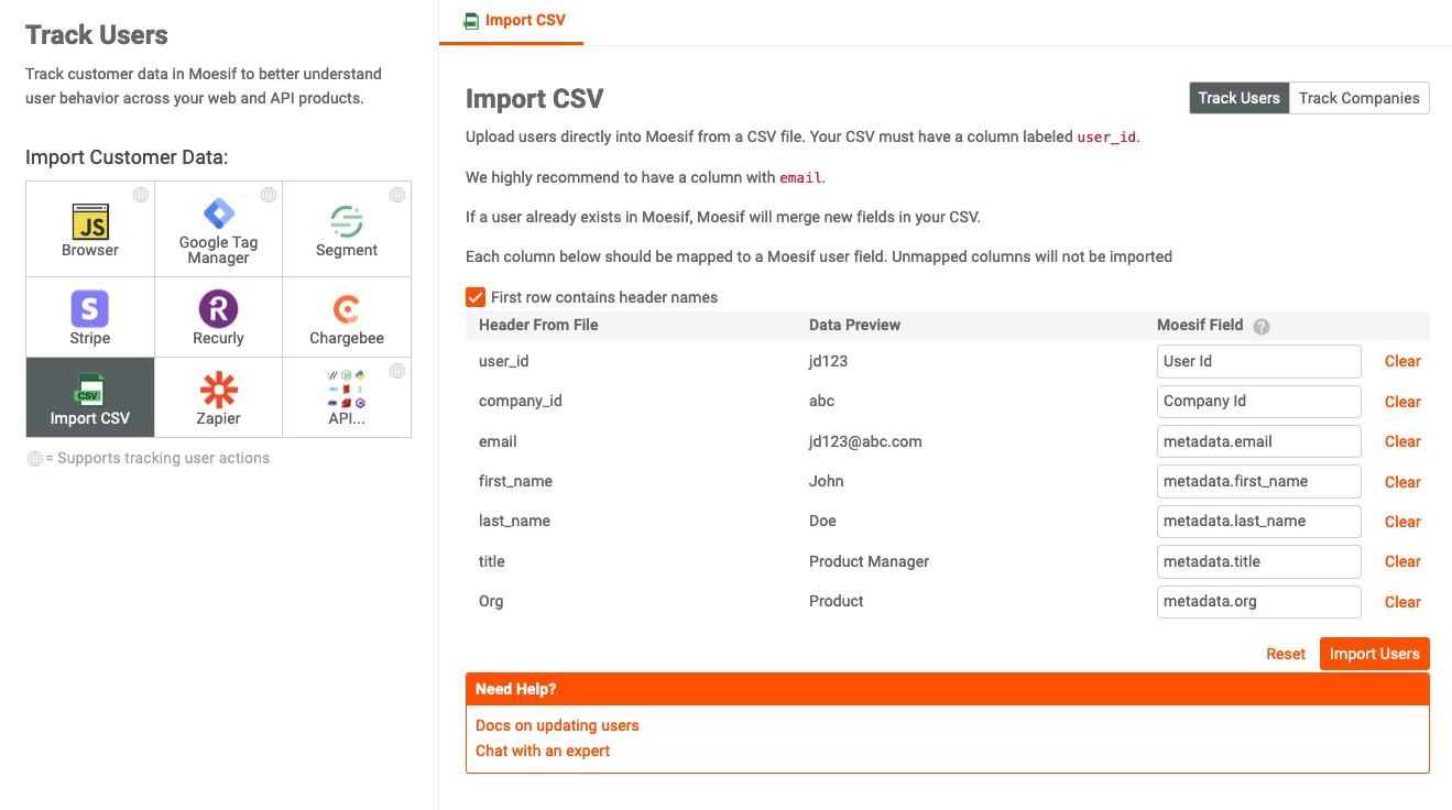 Importing Customer Data from CSV | Moesif Docs