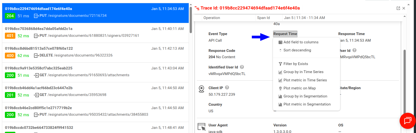 Interacting with a data field for more information and actions in Trace Explorer
