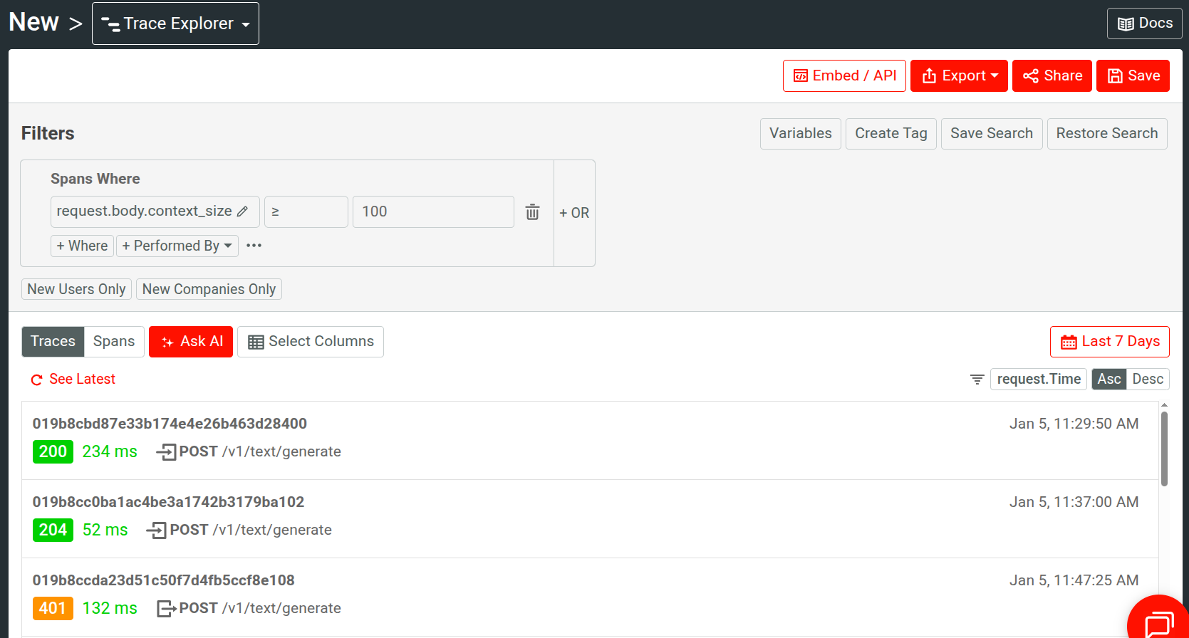 Filtering events based on an HTTP body field to view traces for events with large context size in an AI API.