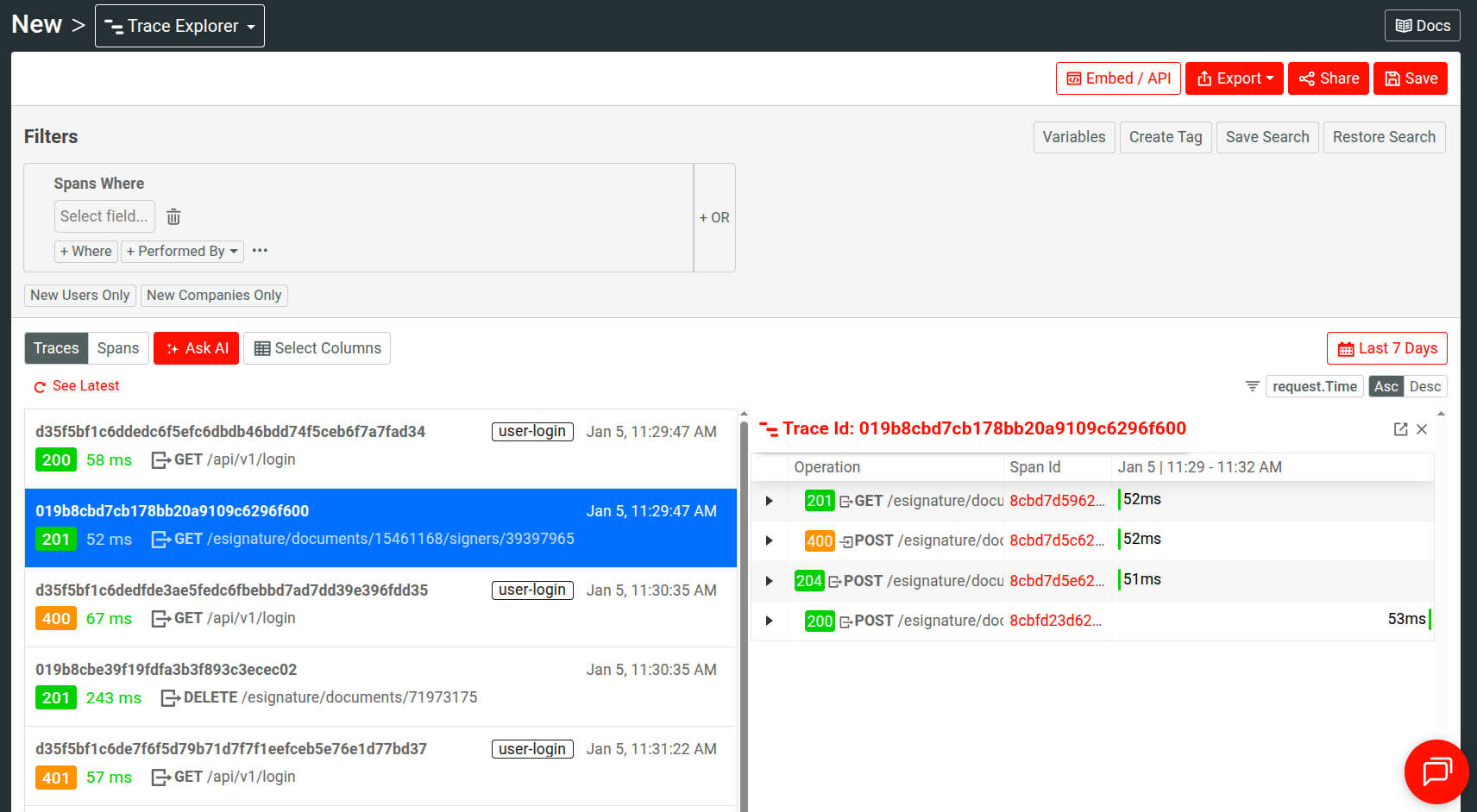 Selecting a trace in Trace Explorer to open its constituent spans and their details