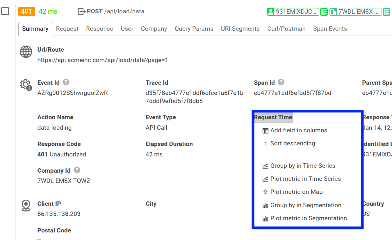 Interacting with a event data field for more information and actions in a Live Event Log workspace