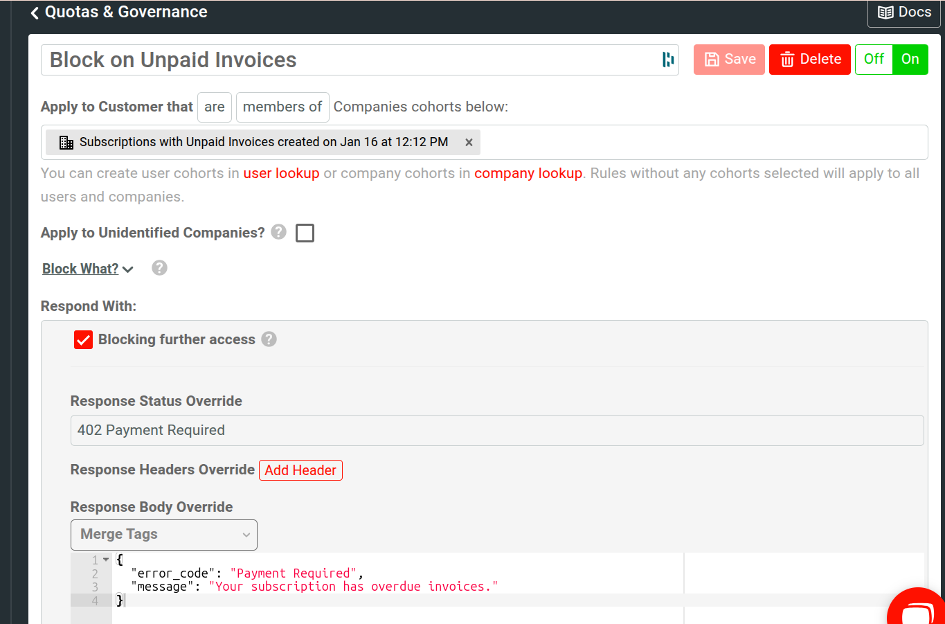 An example governance rule called 'Block Users With Unpaid Invoices'.