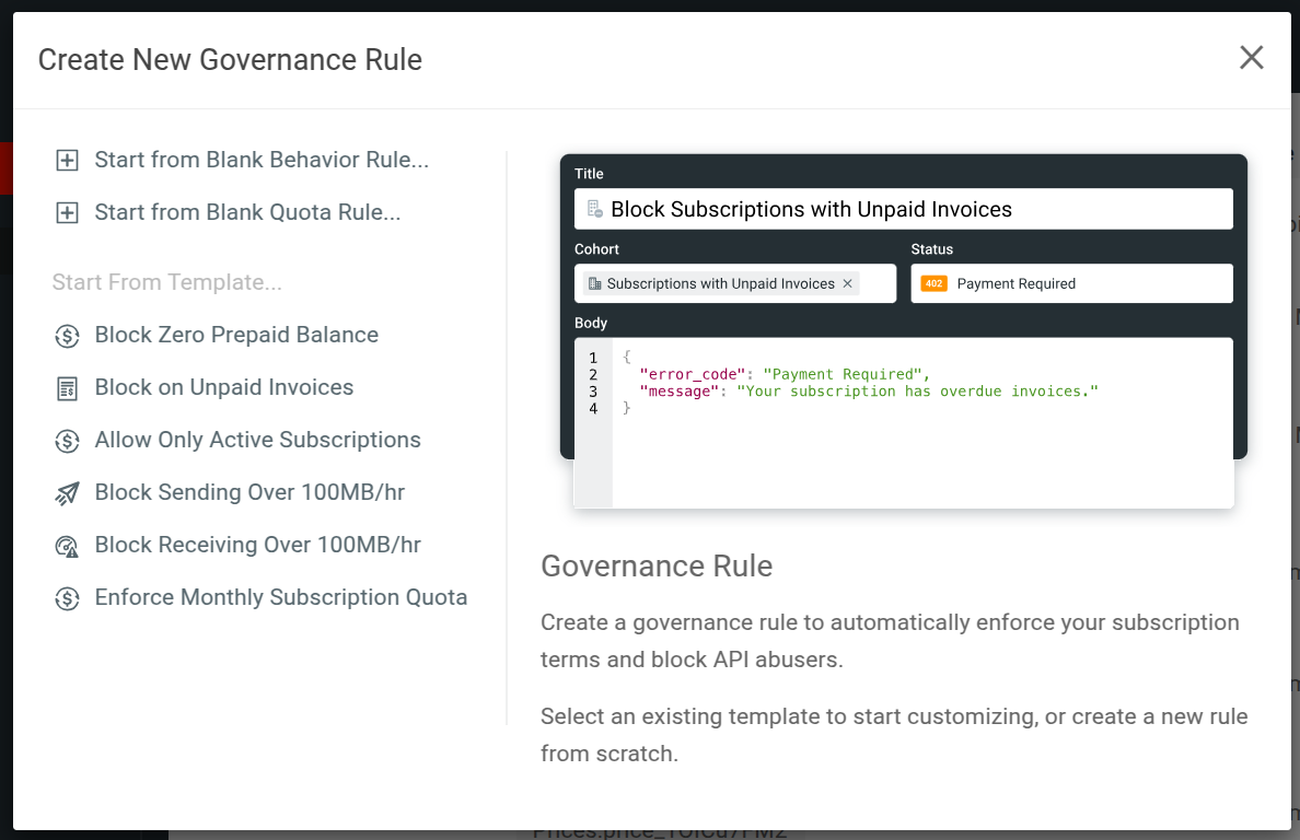 Governance rule templates to choose from.