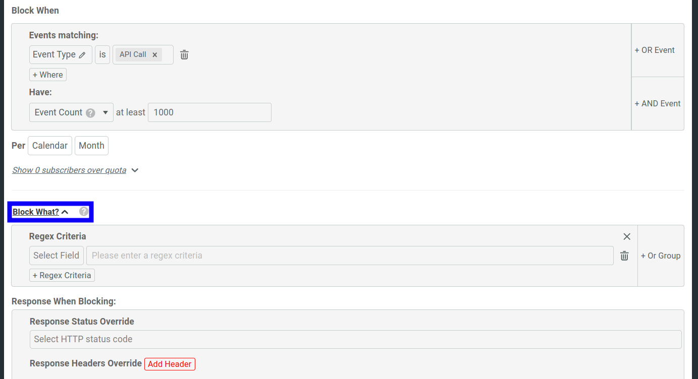 Highlighting the 'Block What' pane that allows using regular expressions.