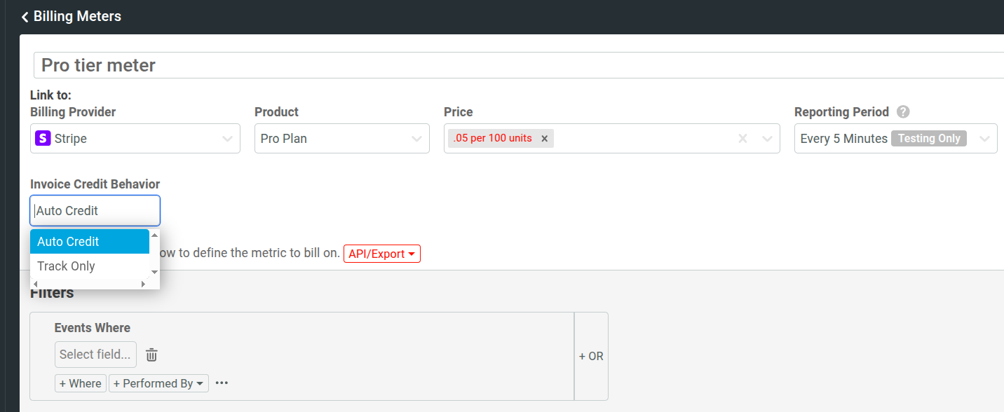 Invoice credit behavior options in a billing meter.
