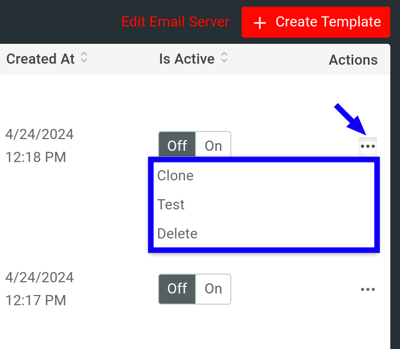 The Actions menu in the Behavioral Emails screen.