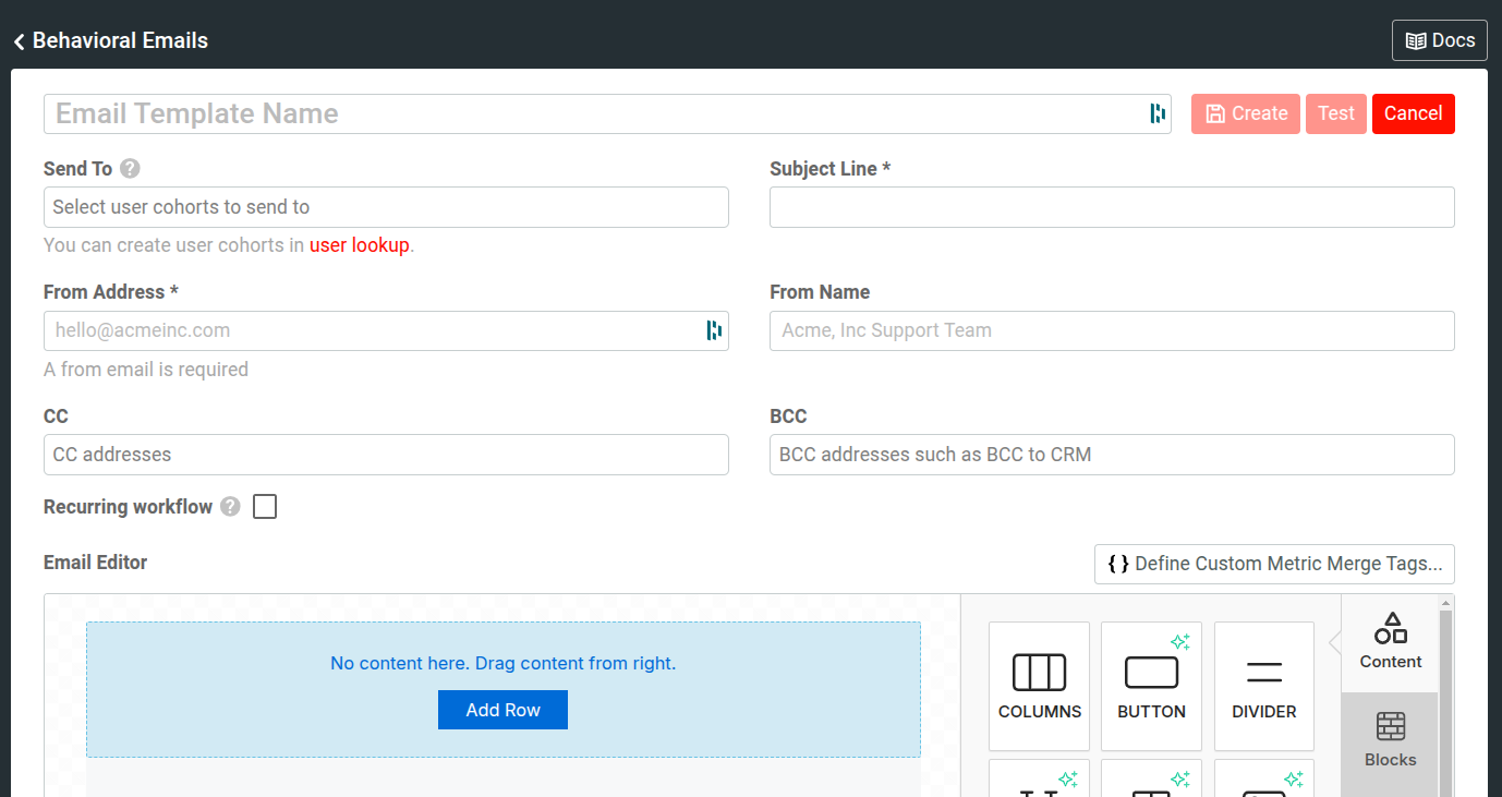 Template editor where you must configure your email settings