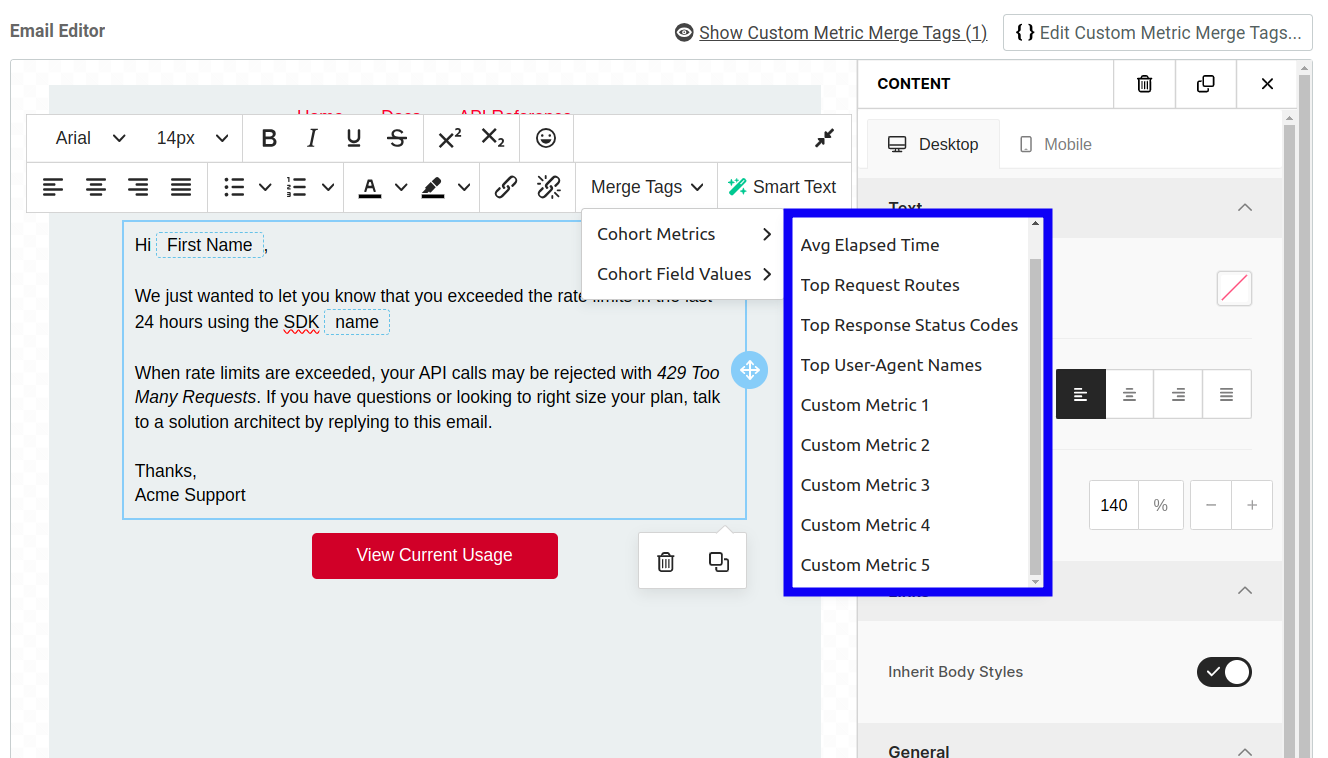 Inserting merge tags from menu in a block of text inside the email editor
