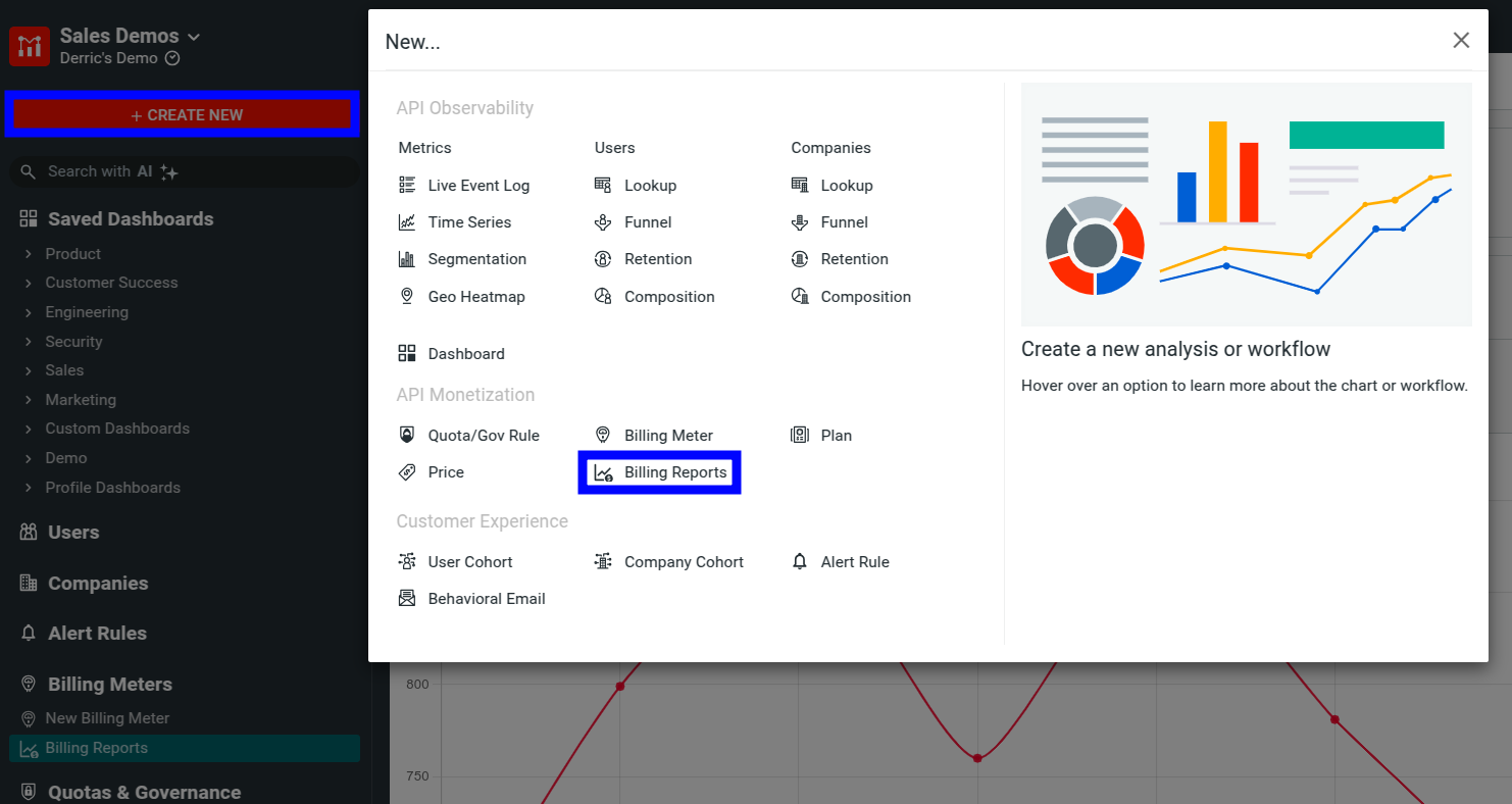 Accessing Billing Report Metrics screen from 'Create New' dialog