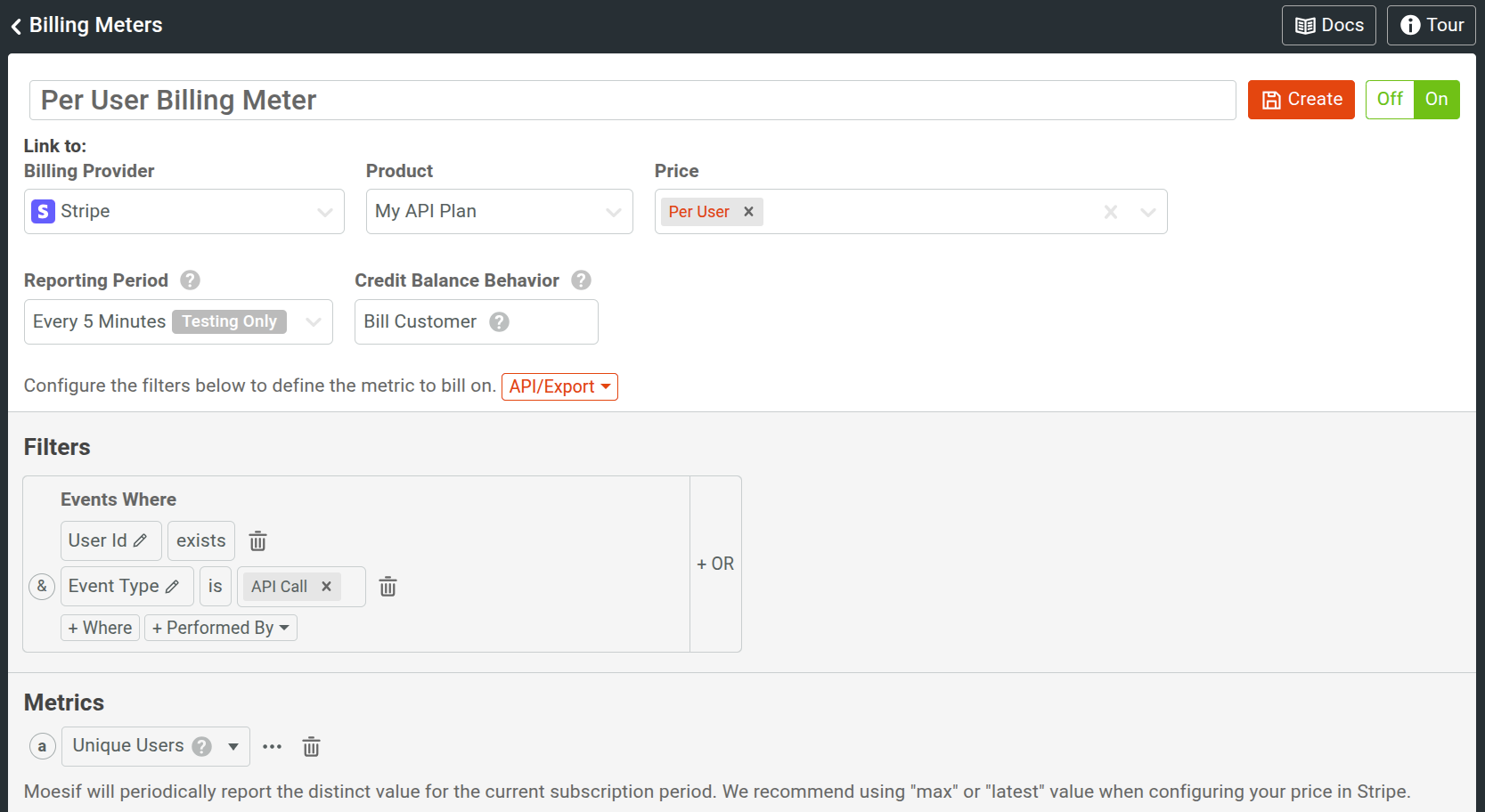 Example of a billing meter using unique users metric
