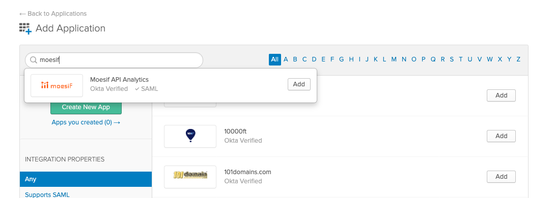 Search for Moesif Okta Application