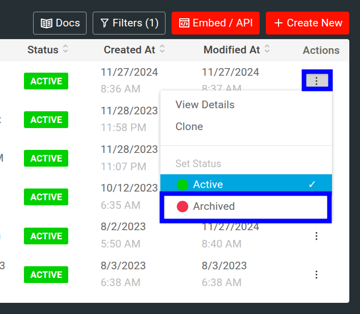 Archive plan in Moesif from Action button