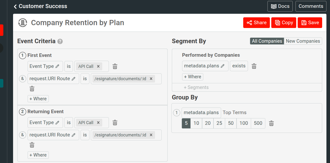 Filters for basic retention chart example in Moesif
