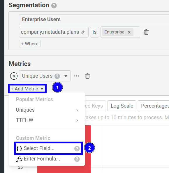 Add custom metric by selecting a custom field in a Segmentation chart