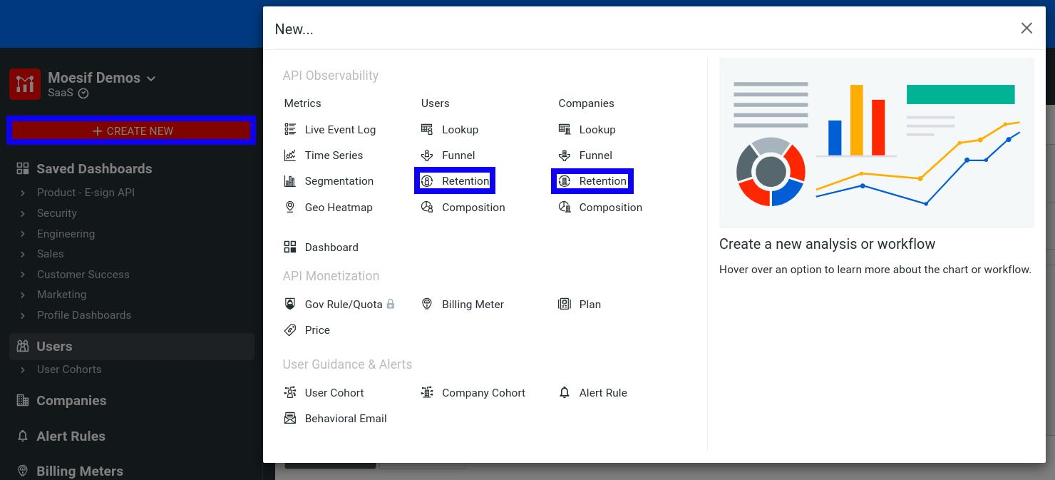 Creating a new retention analysis using the Create New dialog
