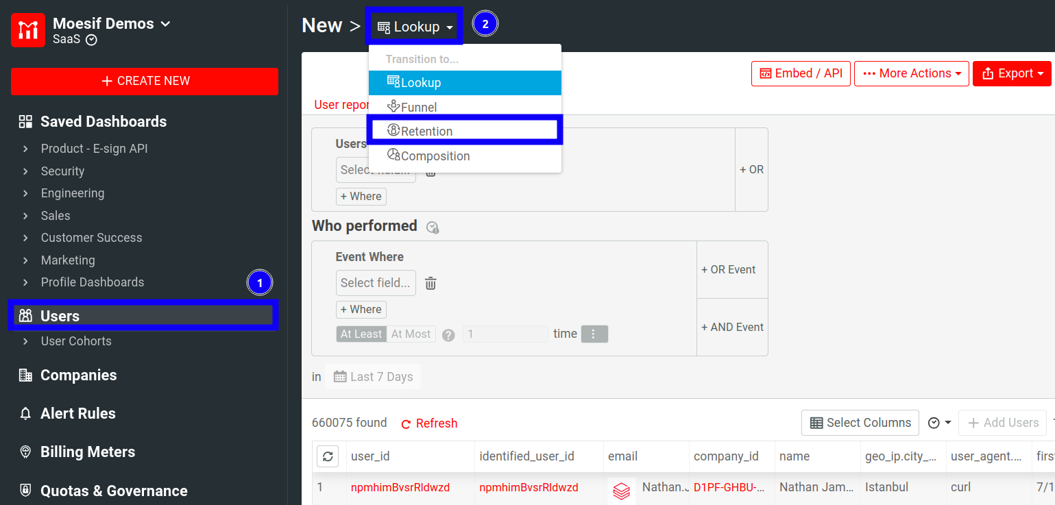 Creating a new retention analysis from Users or Companies screen