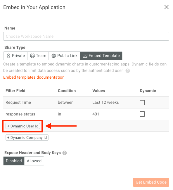 adding dynamic user ID to embedded template params