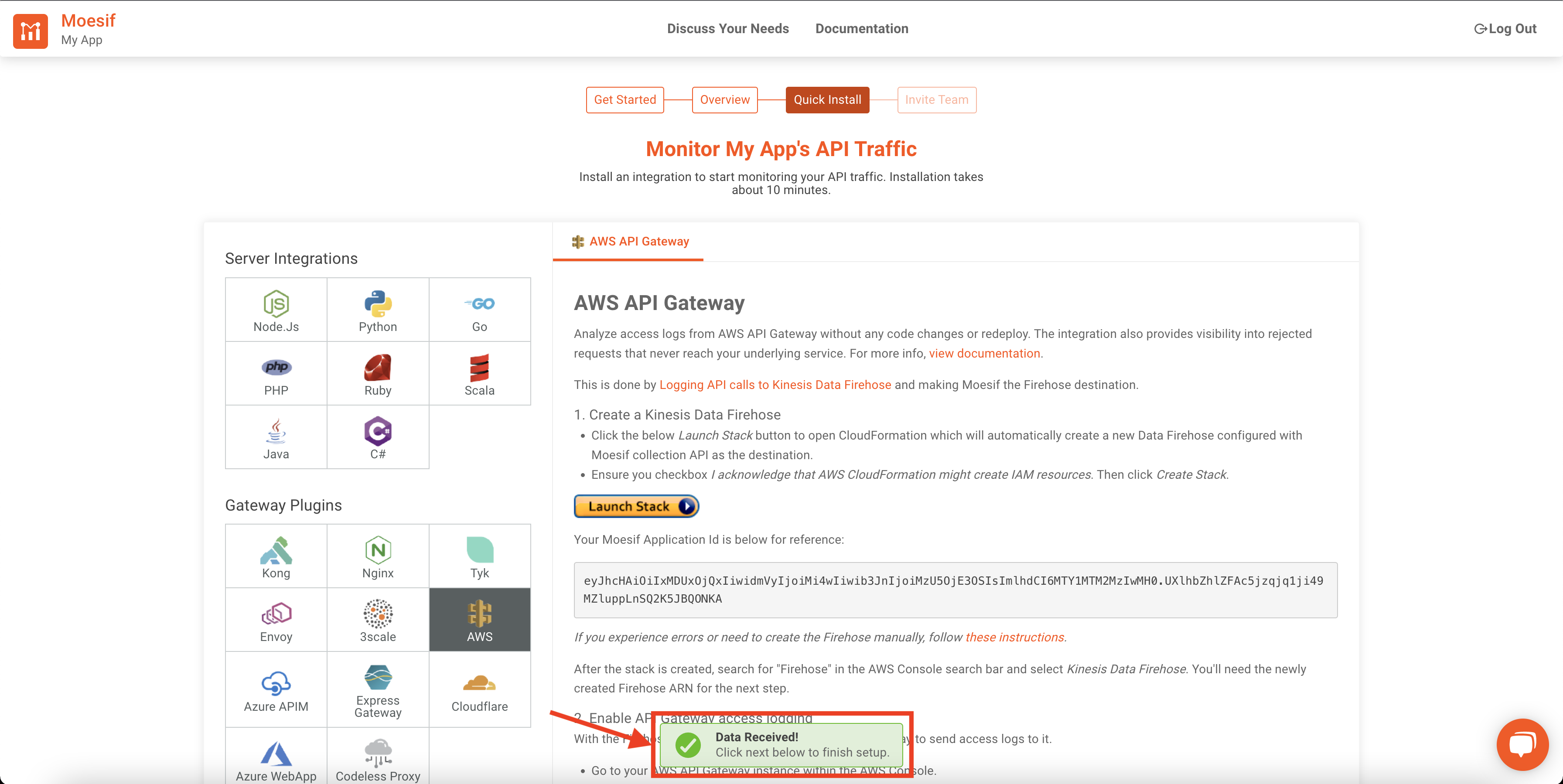 Moesif data received onboarding screen