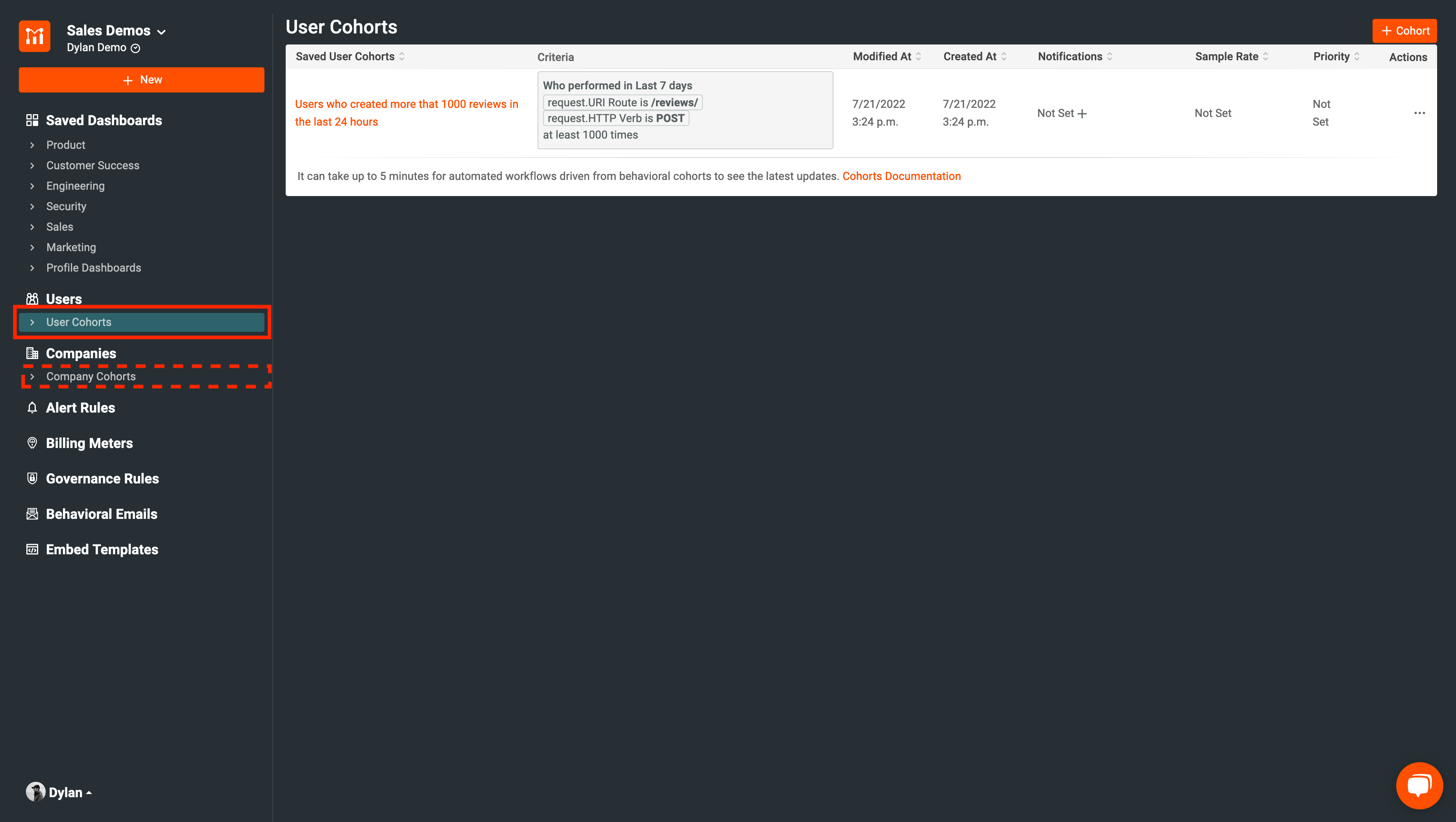 Accessing the Saved Cohorts screen