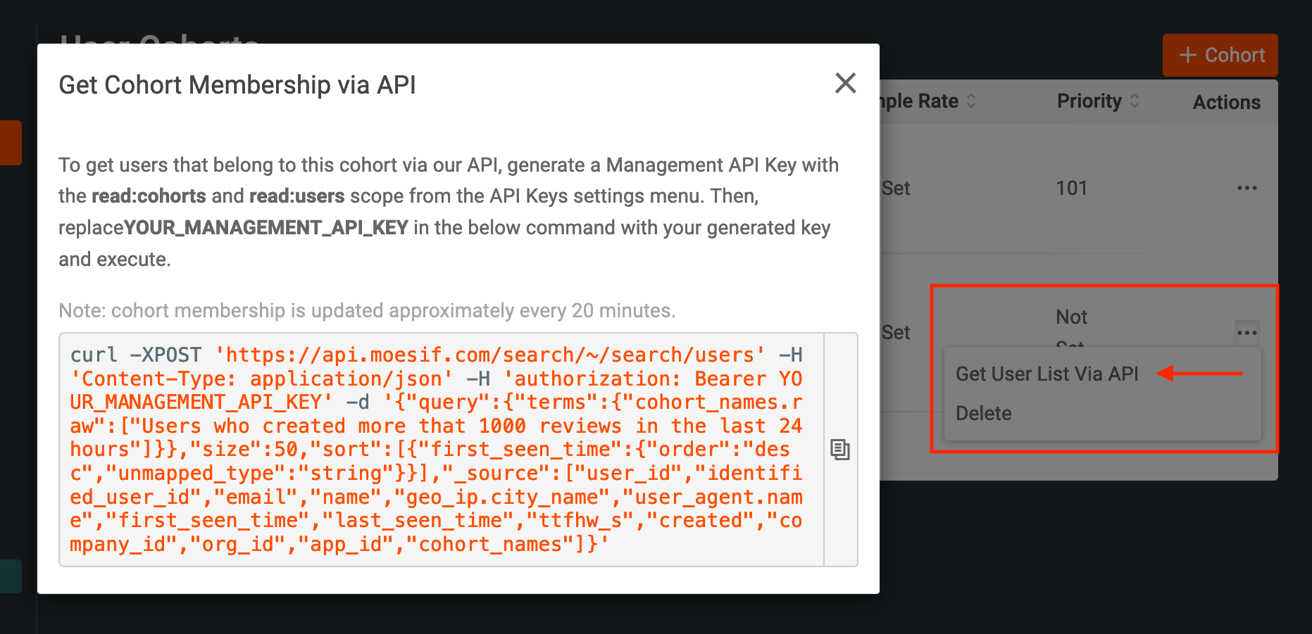 Cohort action drop down