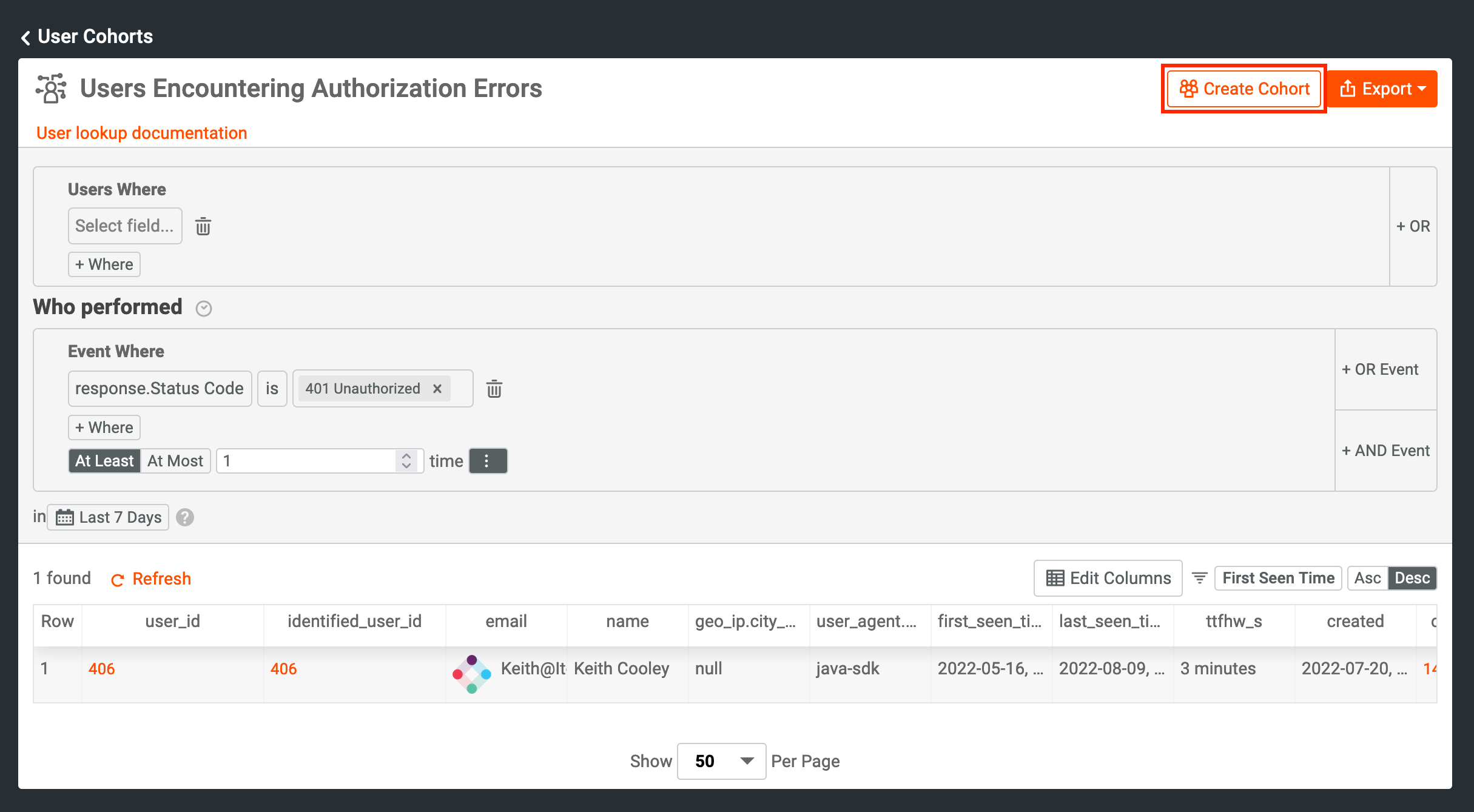 Create cohort button
