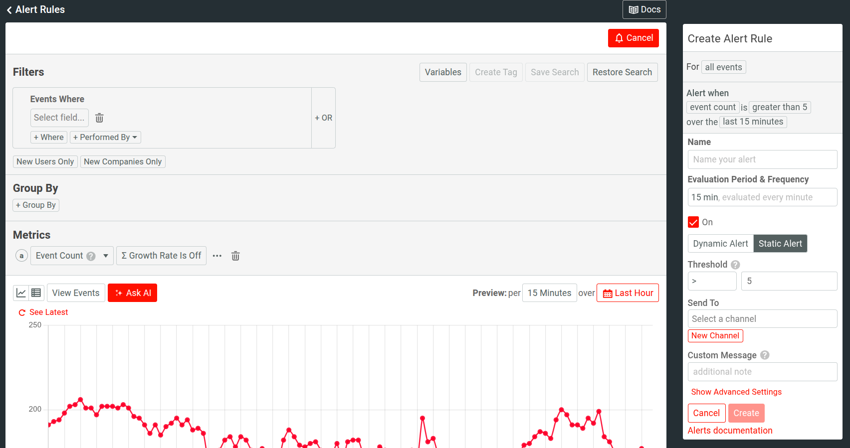Moesif create alert input screen